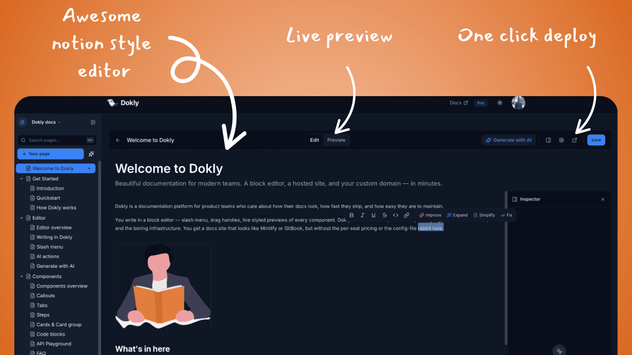 Dokly Notion-style editor with live preview and one-click deploy