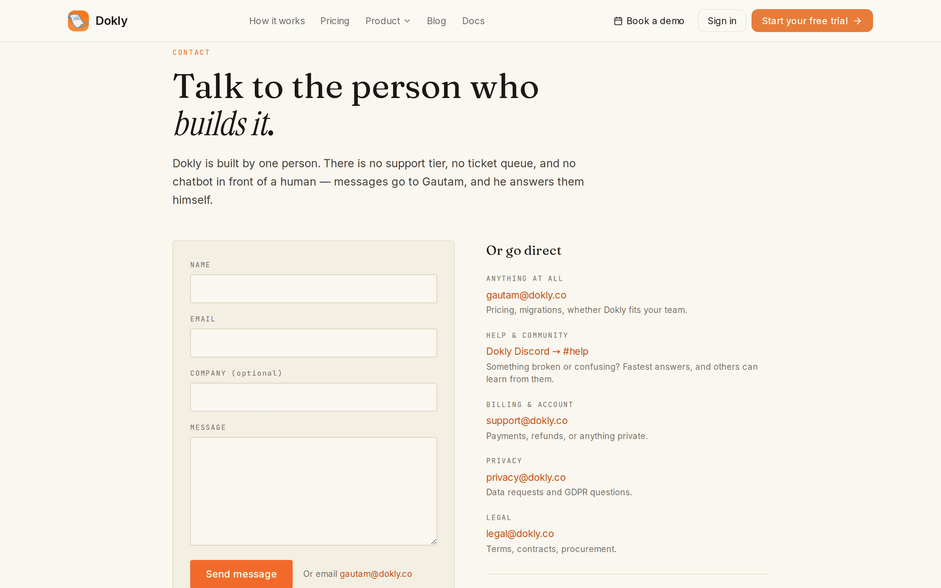 The Dokly contact page: an "Anything at all" email route to the founder, then "Help & community" linking to the Dokly Discord's #help channel, then "Billing & account" for support@dokly.co, then privacy and legal addresses.