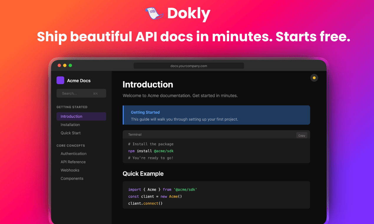 The old static Open Graph image: a purple-to-orange gradient with a generic "Acme Docs" product screenshot and the tagline "Ship beautiful API docs in minutes. Starts free."