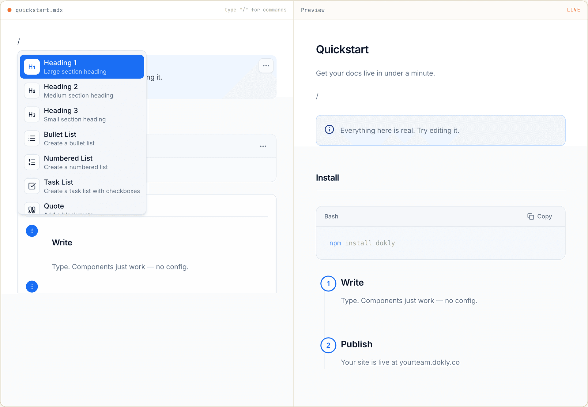 The slash command menu open in the landing page demo, showing Heading 1 through Quote, with the live preview updating on the right.