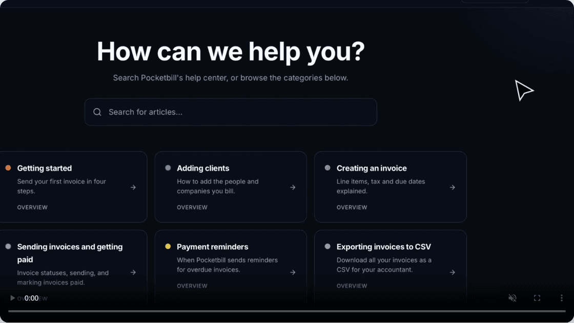 The real demo on dokly.co: Claude Code writes a full help center for a sample invoicing app, then the site goes live, searchable, at pocketbill.dokly.co.