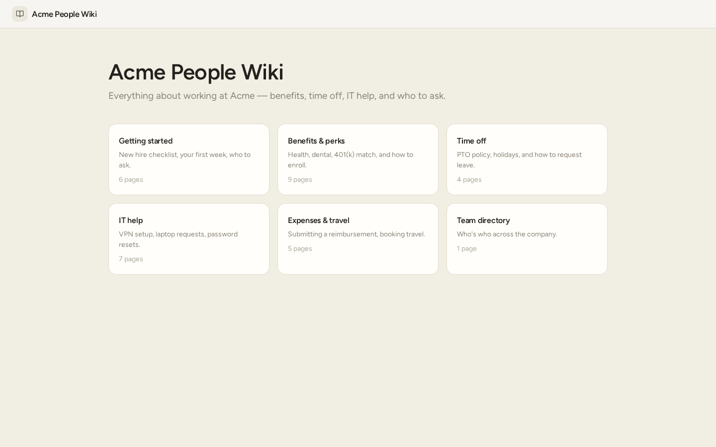 Acme People Wiki, a mock internal knowledge base rendered in the Meadow theme: a warm tinted canvas, a card grid of sections (Getting started, Benefits & perks, Time off, IT help, Expenses & travel, Team directory), and large friendly Figtree headings.