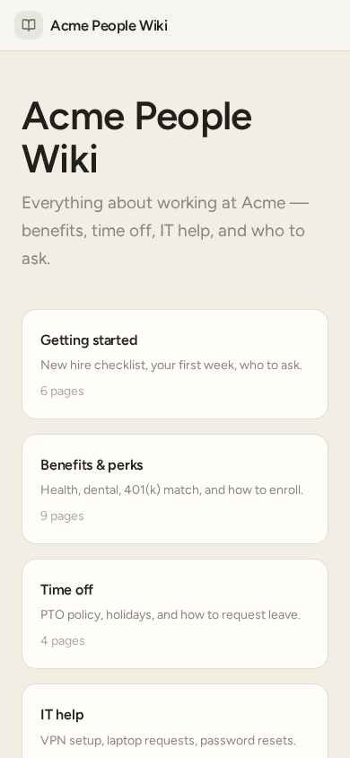 The Meadow homepage at mobile width: the card grid collapses to a single column, headings stay large and readable, no horizontal scroll.
