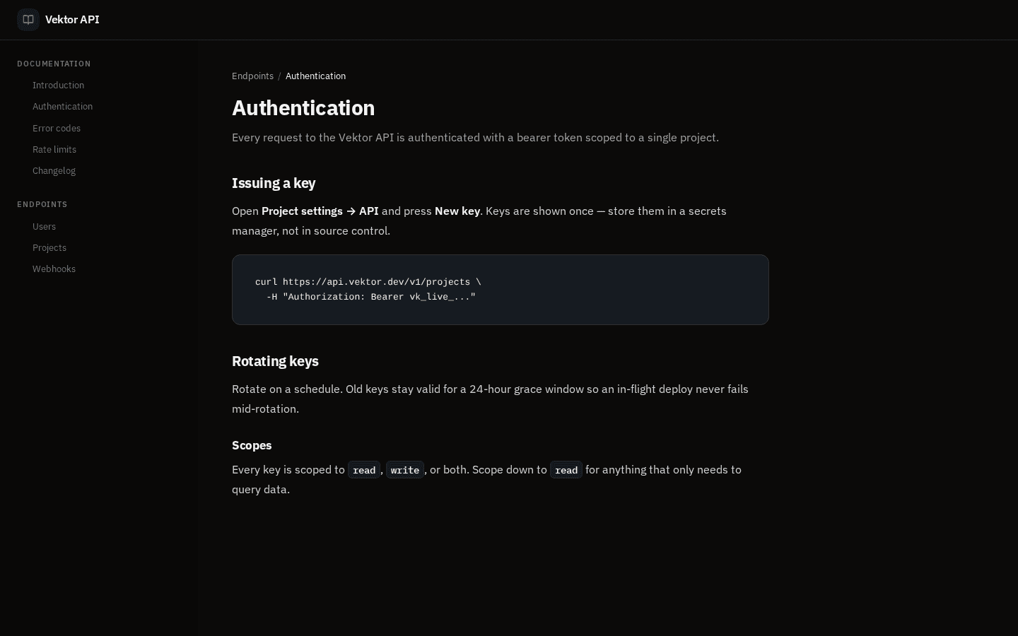 The same Quarry page in dark mode: near-black surfaces, the same wide sidebar and teal accent, readable body text.