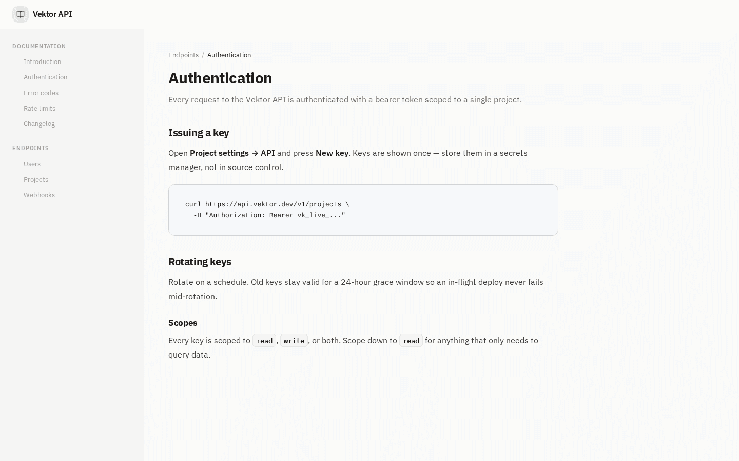 Vektor API, a mock documentation site rendered in the Quarry theme: a wide borderless sidebar with a deep nav tree, teal active-state highlighting, dense IBM Plex type, and a code block on an Authentication page.