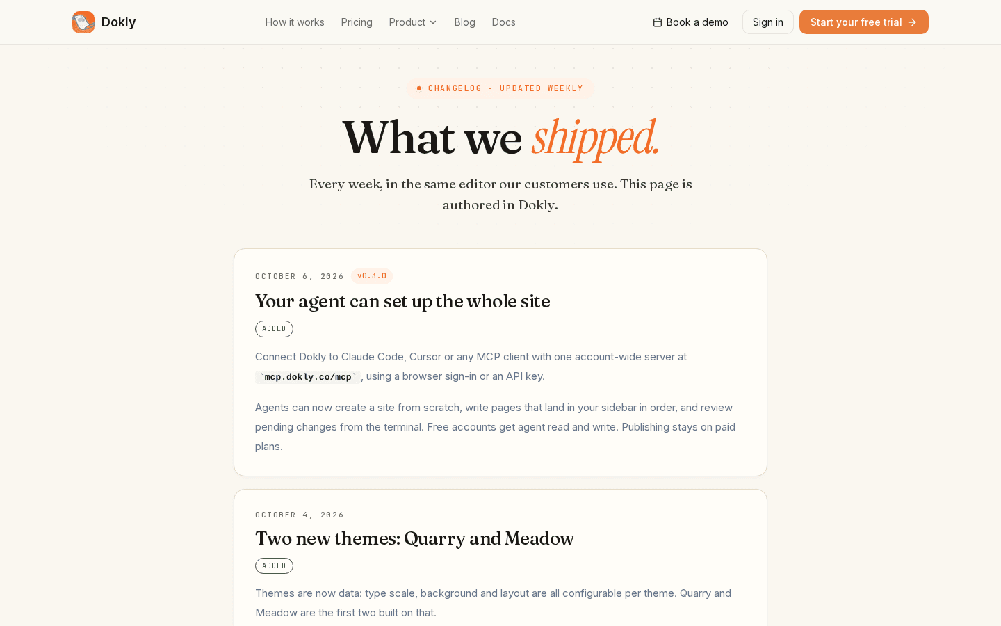 Dokly's own changelog page, which now has three real entries — the same page these updates get posted to.