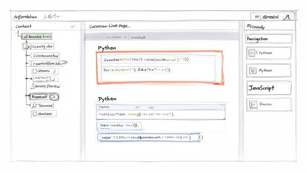 Hand-drawn UI sketch of a web page interface showing a content tree, Python code, and navigation.