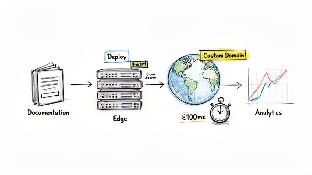 Visual diagram illustrating documentation deployment to global edge servers, ensuring fast access and analytics.