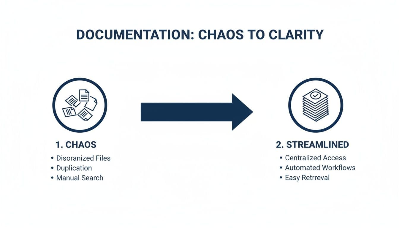 An infographic illustrating the transformation of documentation from chaotic (disorganized files, duplication) to streamlined (centralized access, automated workflows).