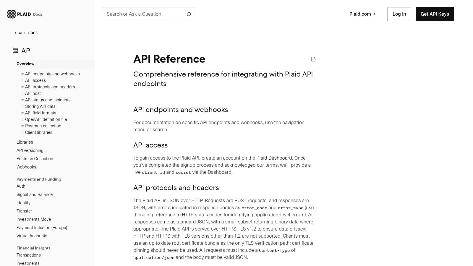 Plaid API documentation example showing a clean, organized layout with navigation for endpoints and webhooks.
