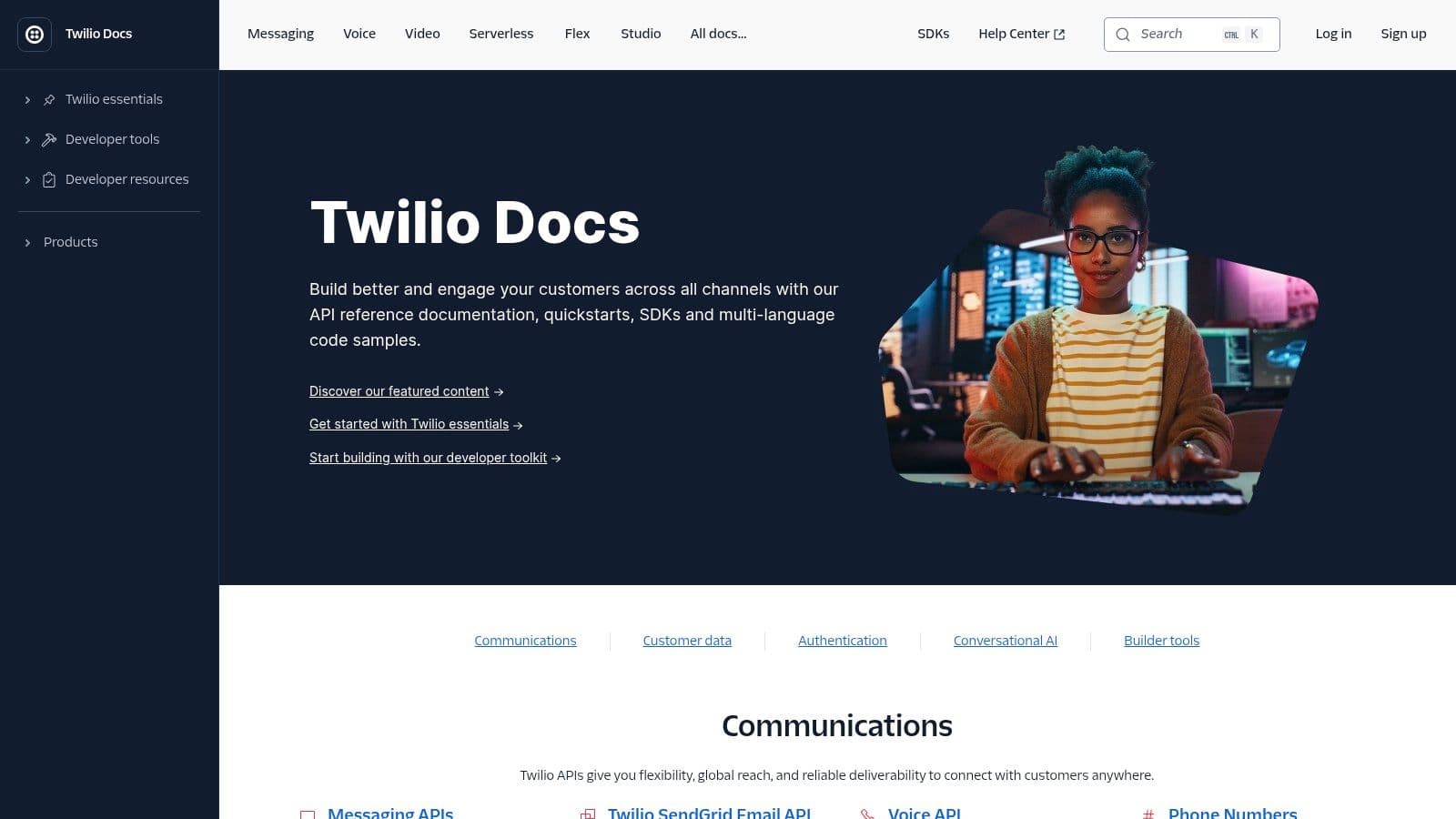 Twilio API documentation example showcasing its task-oriented guides and Code Exchange library.