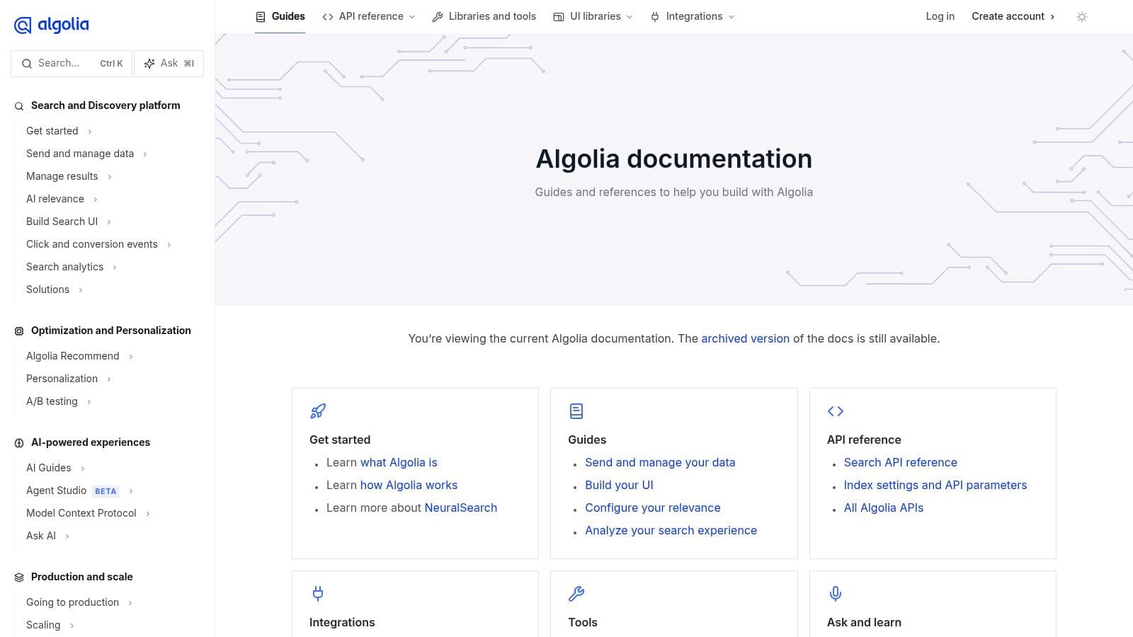Algolia API documentation example showcasing their well-structured developer portal and search functionality.