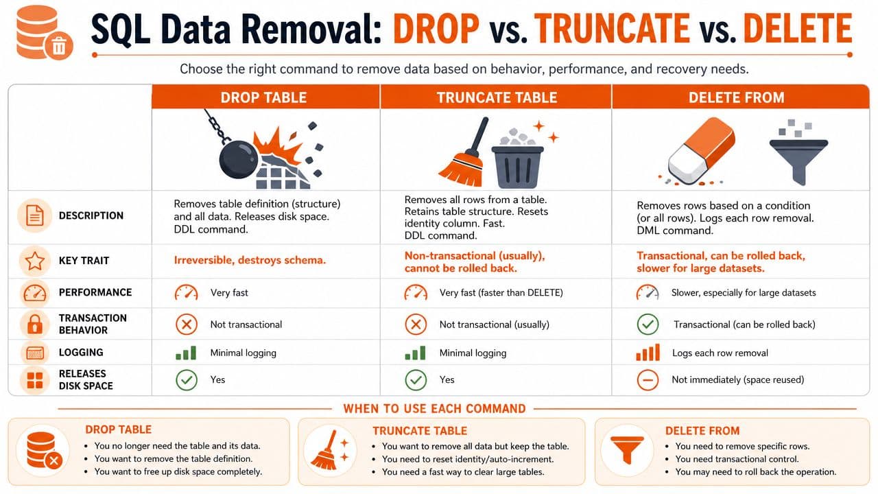 An infographic comparing SQL DROP, TRUNCATE, and DELETE commands regarding their behavior, performance, and transaction recovery.