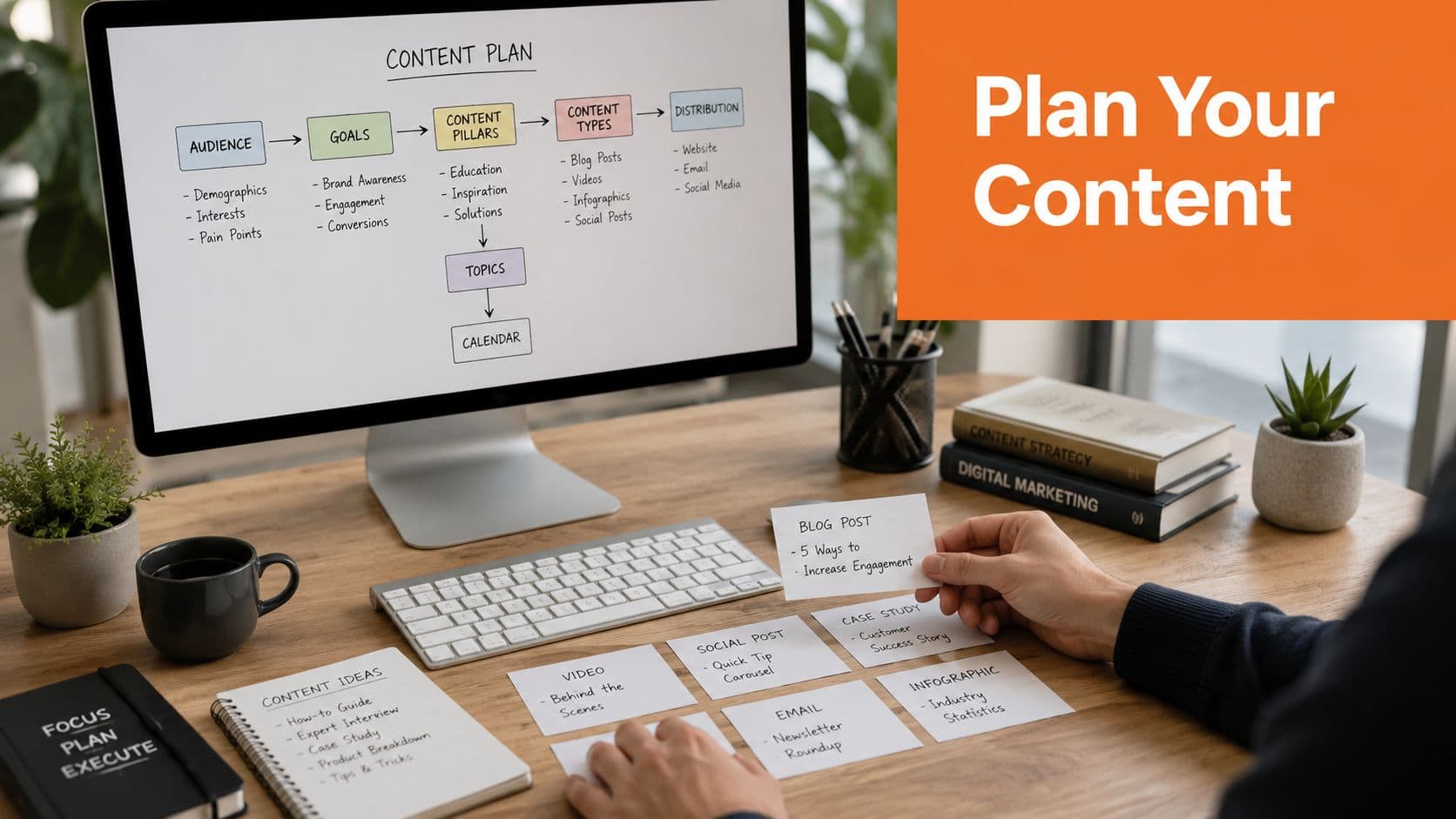 A professional workspace showing a computer screen with a content planning flowchart and sticky notes for ideas.