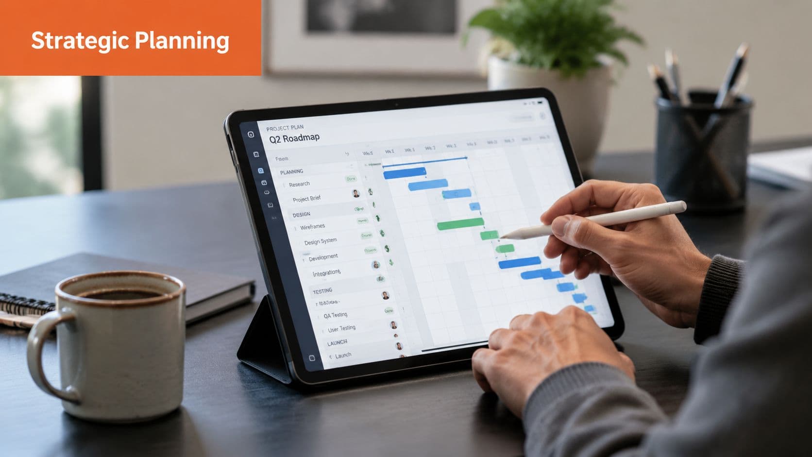 A person using a stylus on a tablet screen to review a Q2 project roadmap during planning.