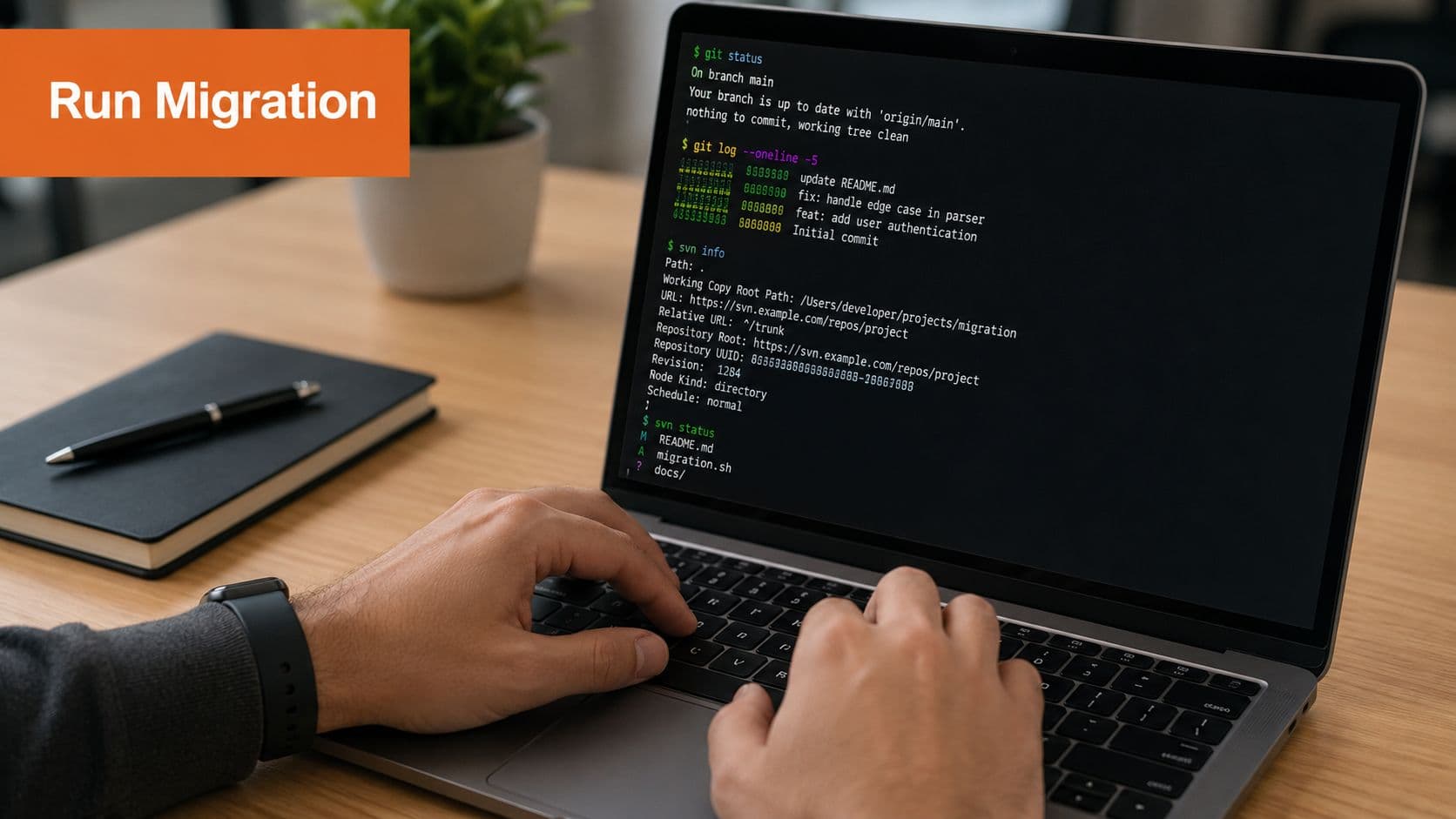 A developer working on a laptop, transitioning version control from Subversion to a Git repository.