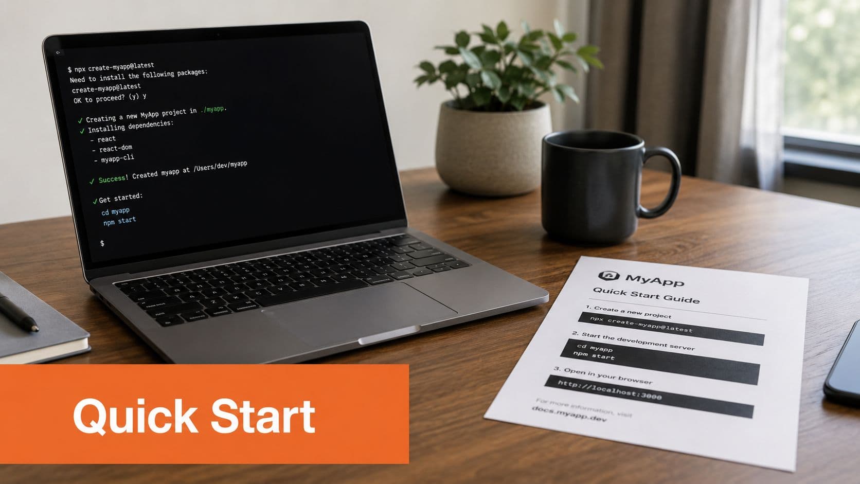 A laptop showing a terminal window with coding commands next to a printed Quick Start guide.