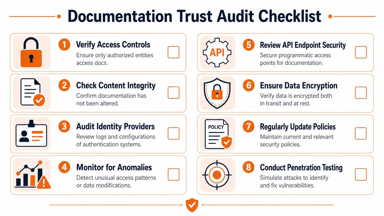 A checklist infographic titled Documentation Trust Audit Checklist containing eight security tasks for protecting sensitive business documentation.