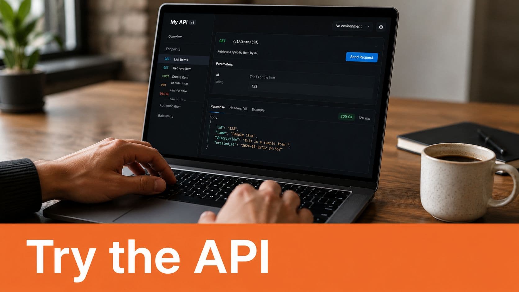 A person using a laptop to test API documentation on a dark mode interface.
