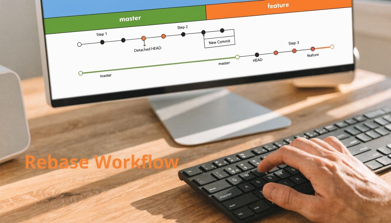 A computer screen displaying a Git rebase workflow diagram with a person typing on a keyboard.