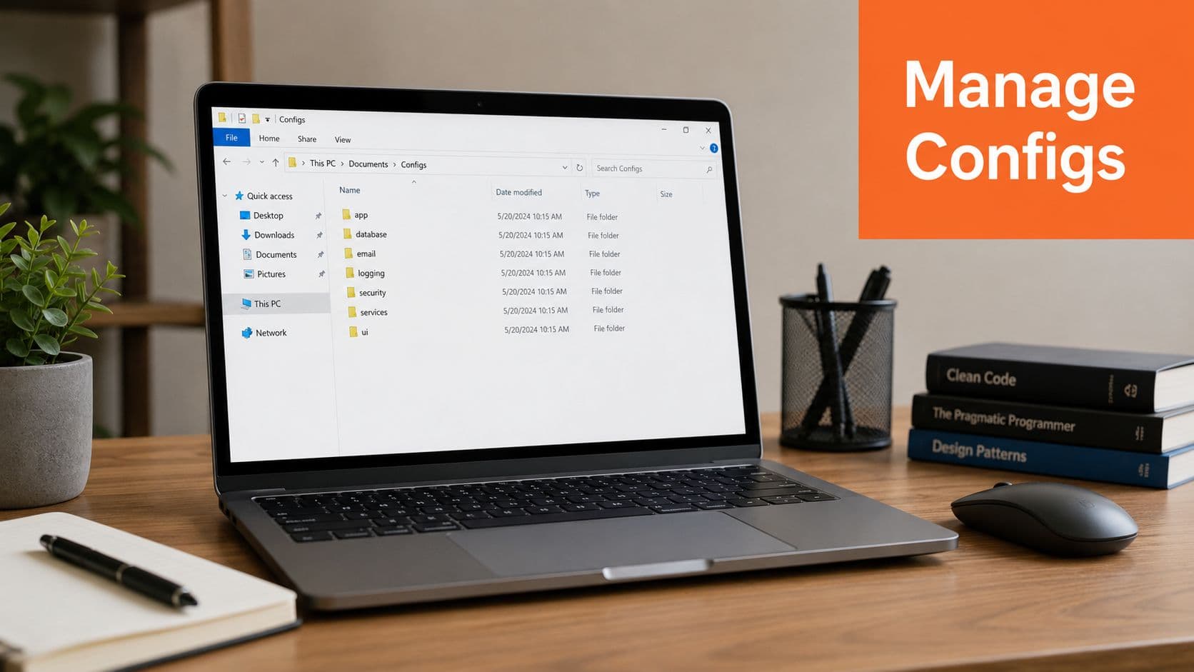 An open laptop on a desk showing folder structures on a Windows file explorer screen.