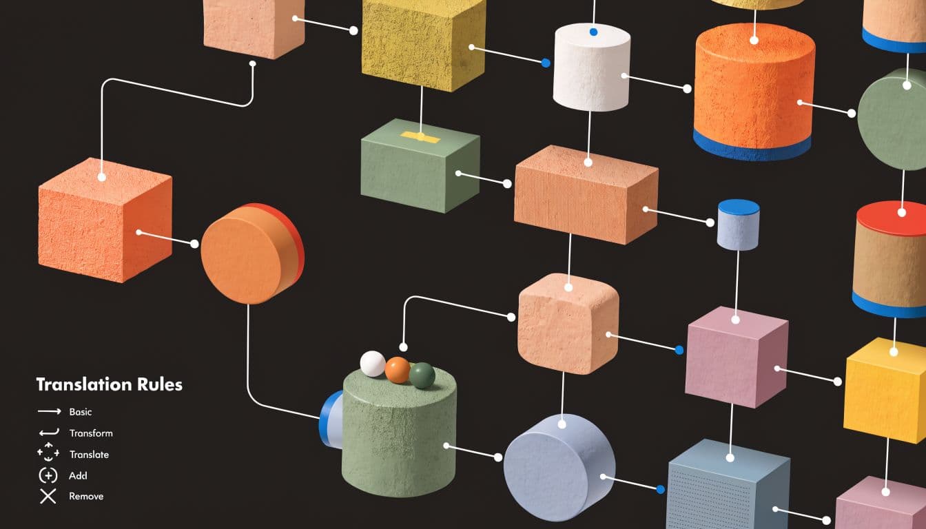 A conceptual 3D diagram with various colorful geometric shapes connected by lines, labeled as Translation Rules.