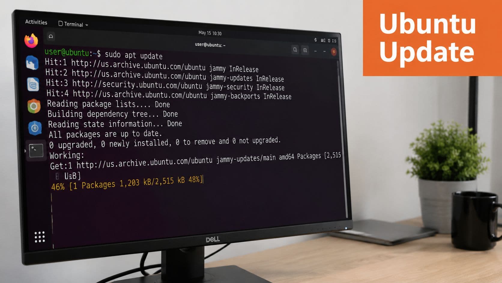 A Dell computer monitor displays an Ubuntu terminal running an apt package update command on a desk.