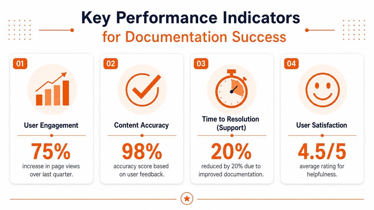 A professional infographic highlighting four key performance indicators for measuring successful documentation, including engagement and user satisfaction metrics.