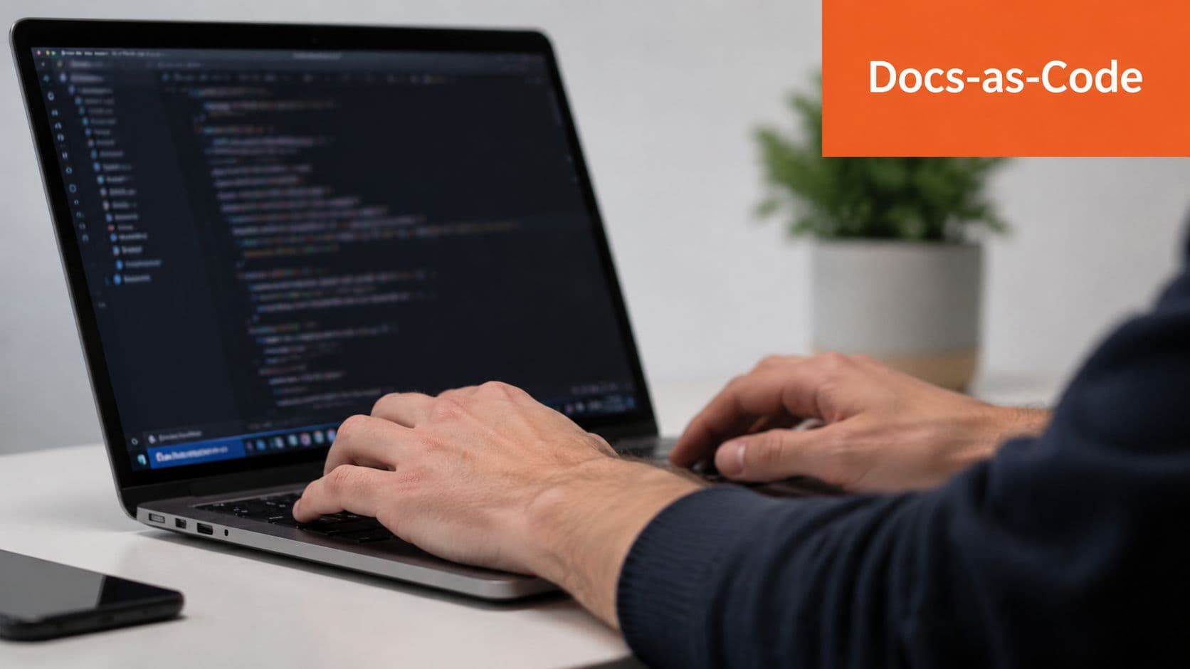 A person writing code on a laptop computer with the text Docs-as-Code displayed on the side.