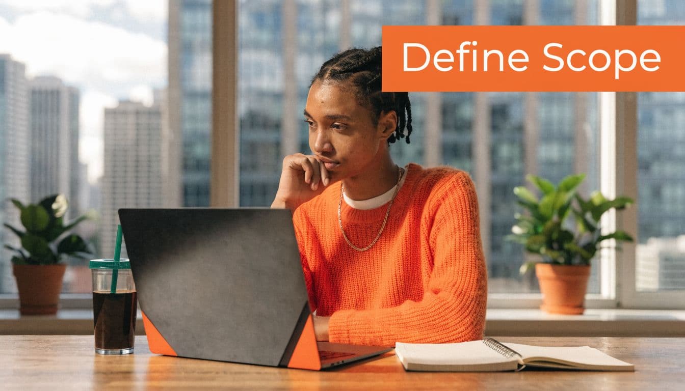 A young man wearing an orange sweater thoughtfully looks at his laptop while working in an office.