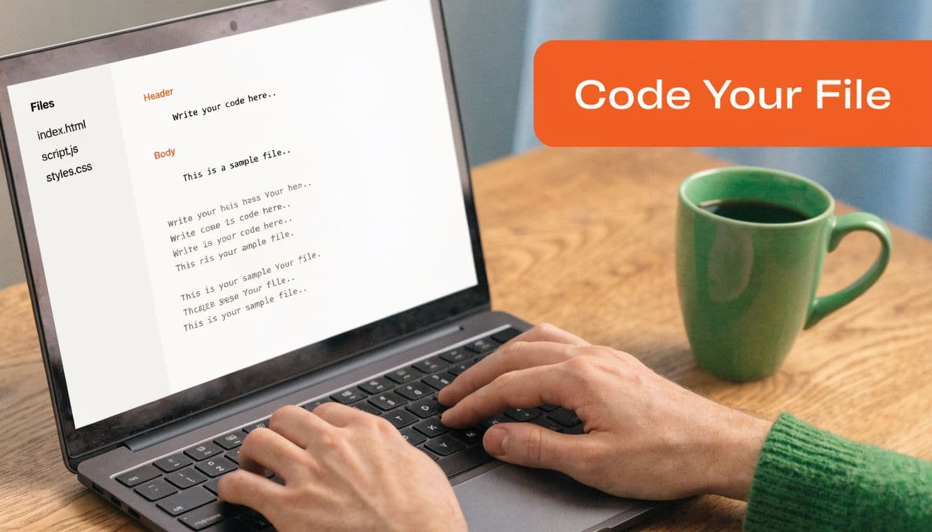 A person coding on a laptop next to a green mug on a wooden desk.