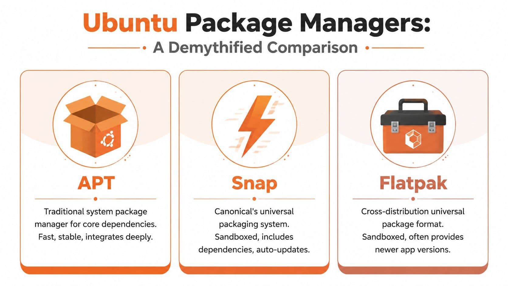 A comparison chart of Ubuntu package managers detailing the differences between APT, Snap, and Flatpak.