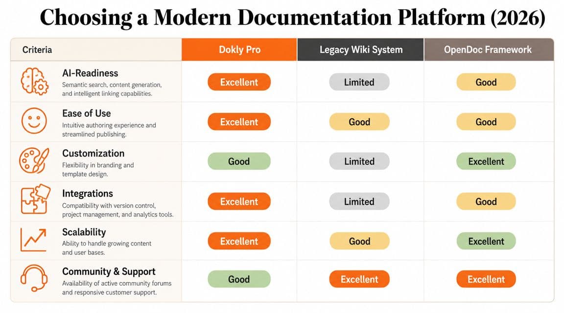 A comparison chart evaluating three modern documentation platforms: Dokly Pro, Legacy Wiki System, and OpenDoc Framework.