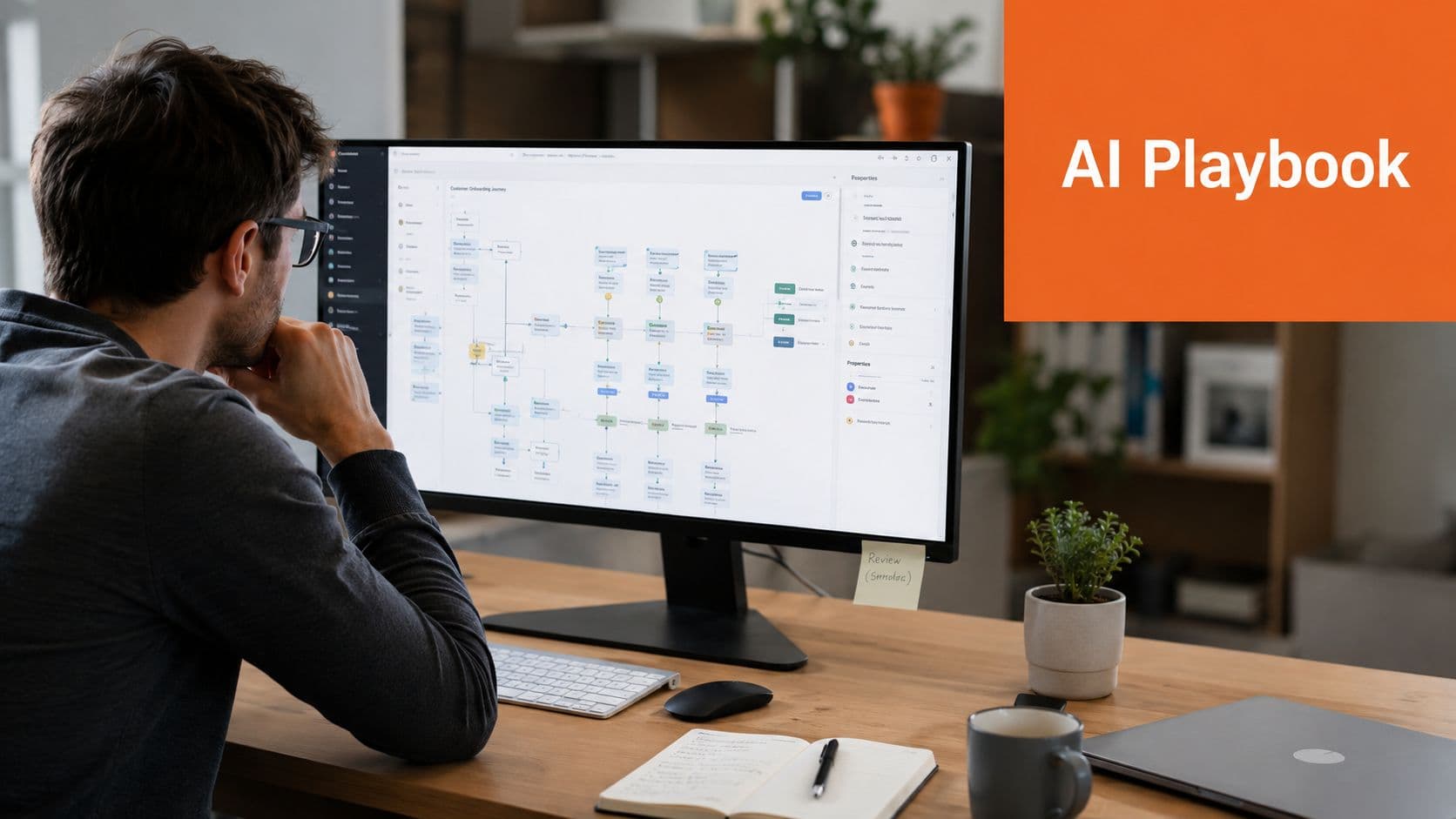 A professional analyzing a complex SaaS customer onboarding workflow on a large desktop monitor at their desk.