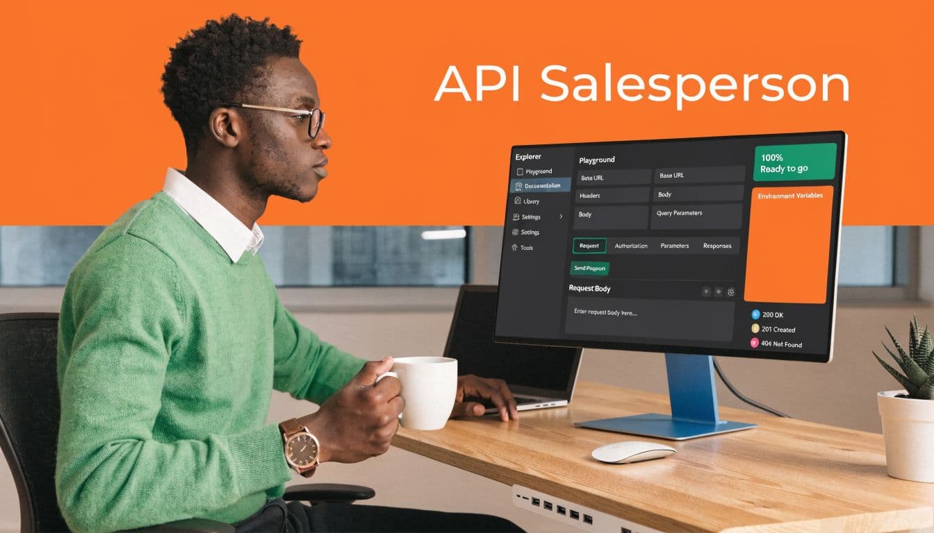 A young professional analyzing an API playground interface on a computer screen while drinking coffee.
