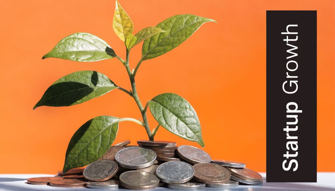 A small green plant sprouting from a pile of shiny metal coins against an orange background.