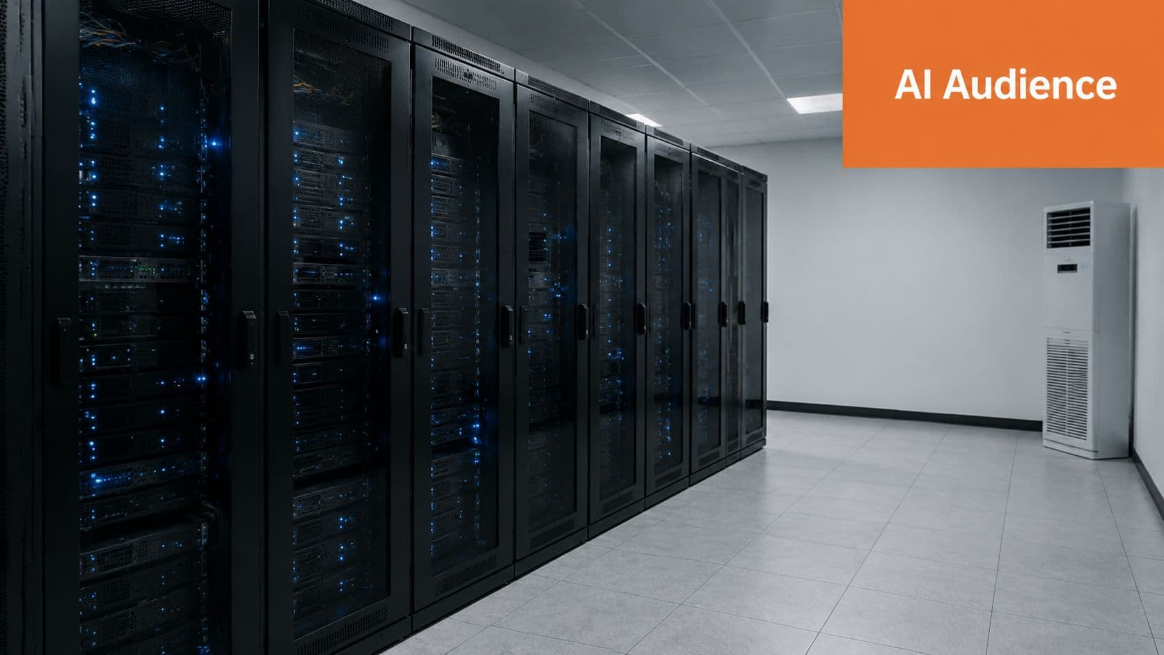 A row of black server racks filled with blinking blue lights in a modern data center room.