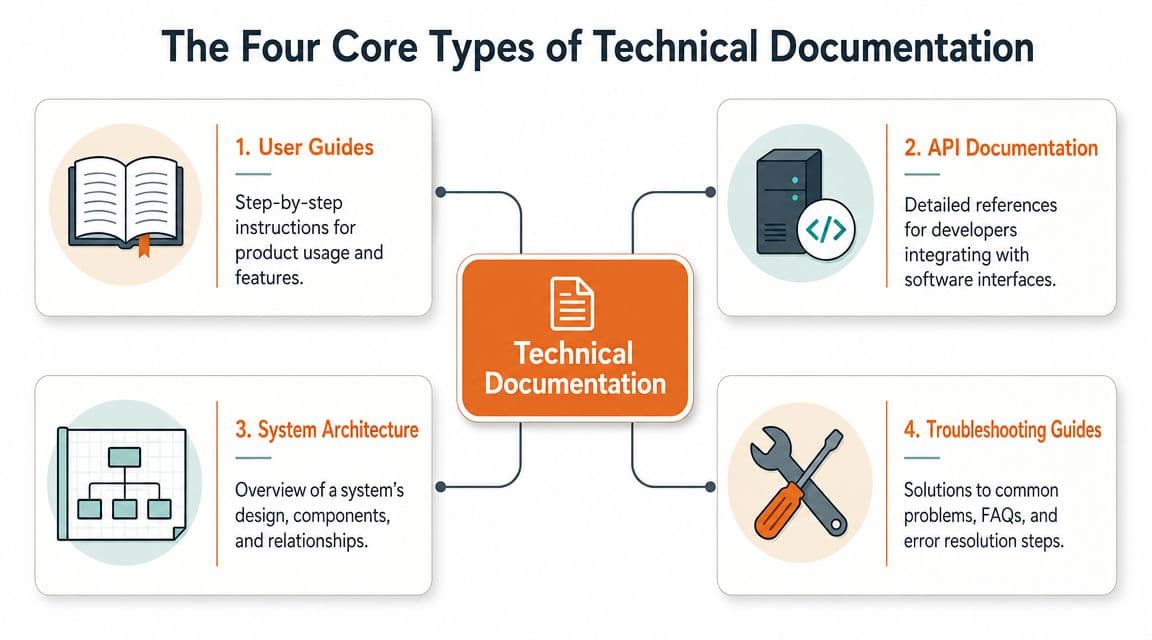 A diagram illustrating the four core types of technical documentation: user guides, API documentation, system architecture, and troubleshooting guides.