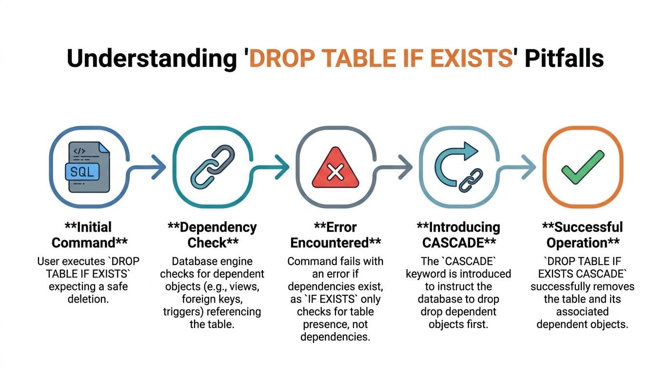 A diagram illustrating the steps and pitfalls of using DROP TABLE IF EXISTS in SQL databases.