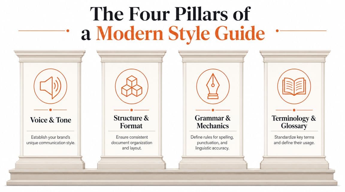 An infographic titled The Four Pillars of a Modern Style Guide, displaying four key components.
