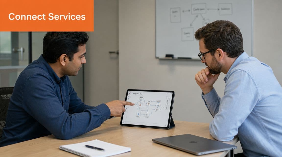 Two professional colleagues discussing an integration flow diagram on a tablet in an office meeting room.