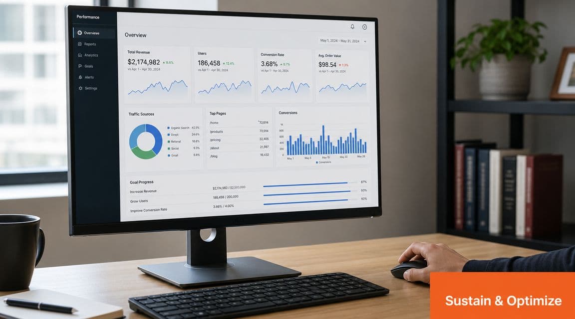 A person using a computer monitor showing a business performance analytics dashboard on a desk.
