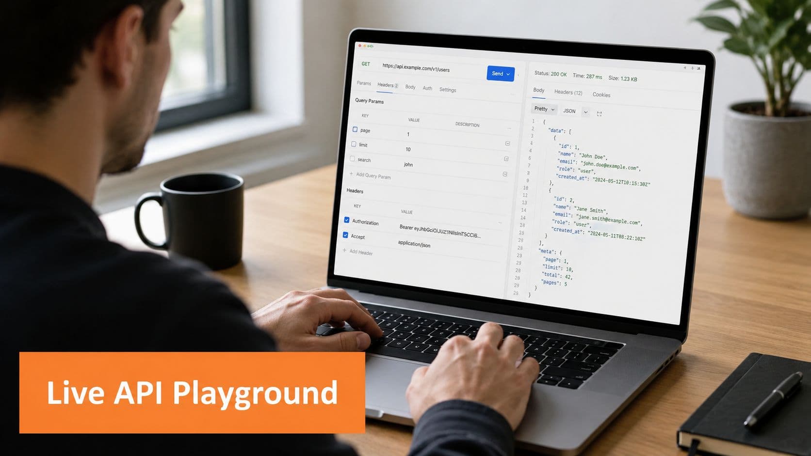 A developer working on a laptop displaying a live API playground with code and documentation.