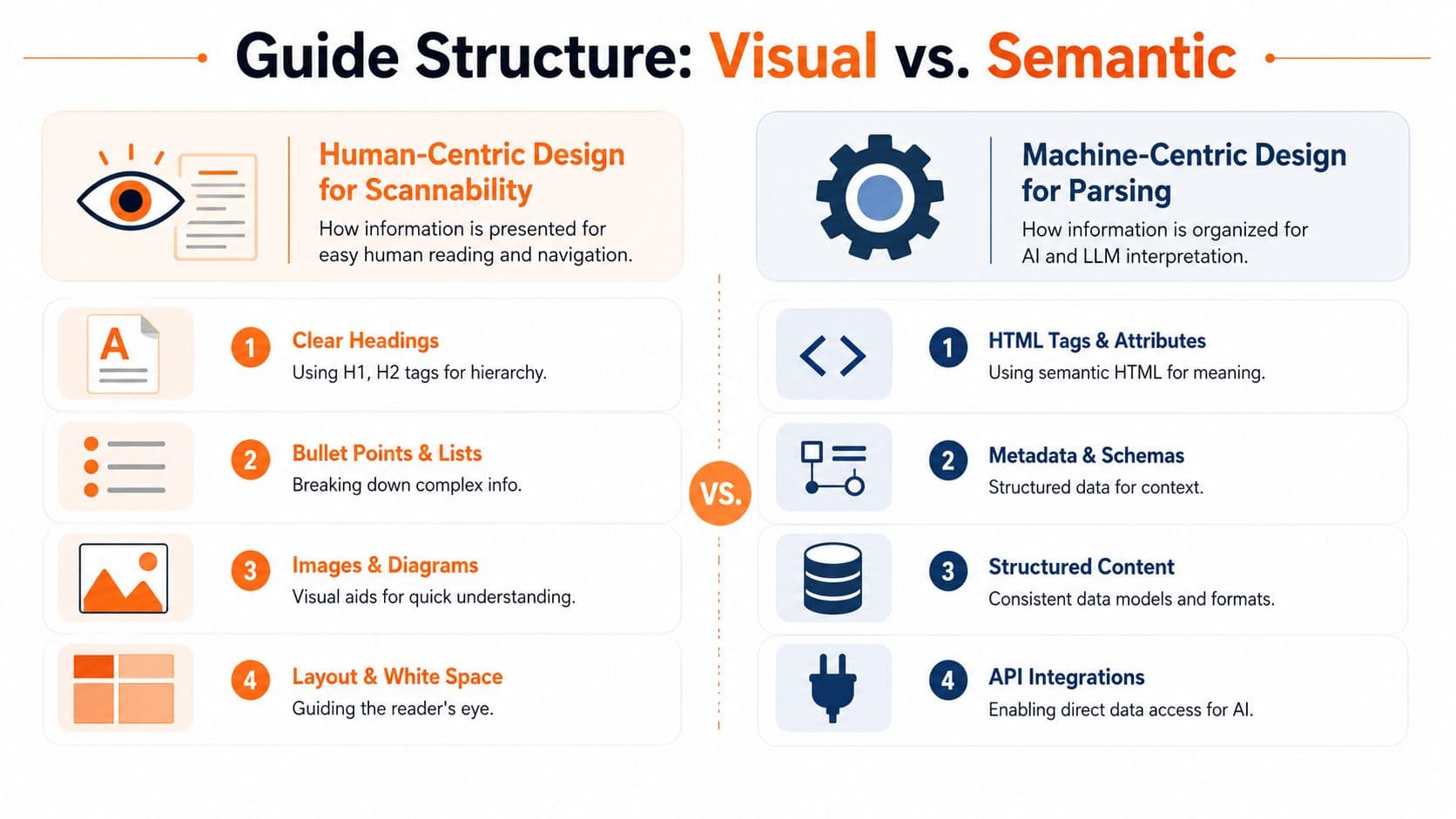 A comparison chart showing human-centric visual design versus machine-centric semantic structure for digital content optimization.