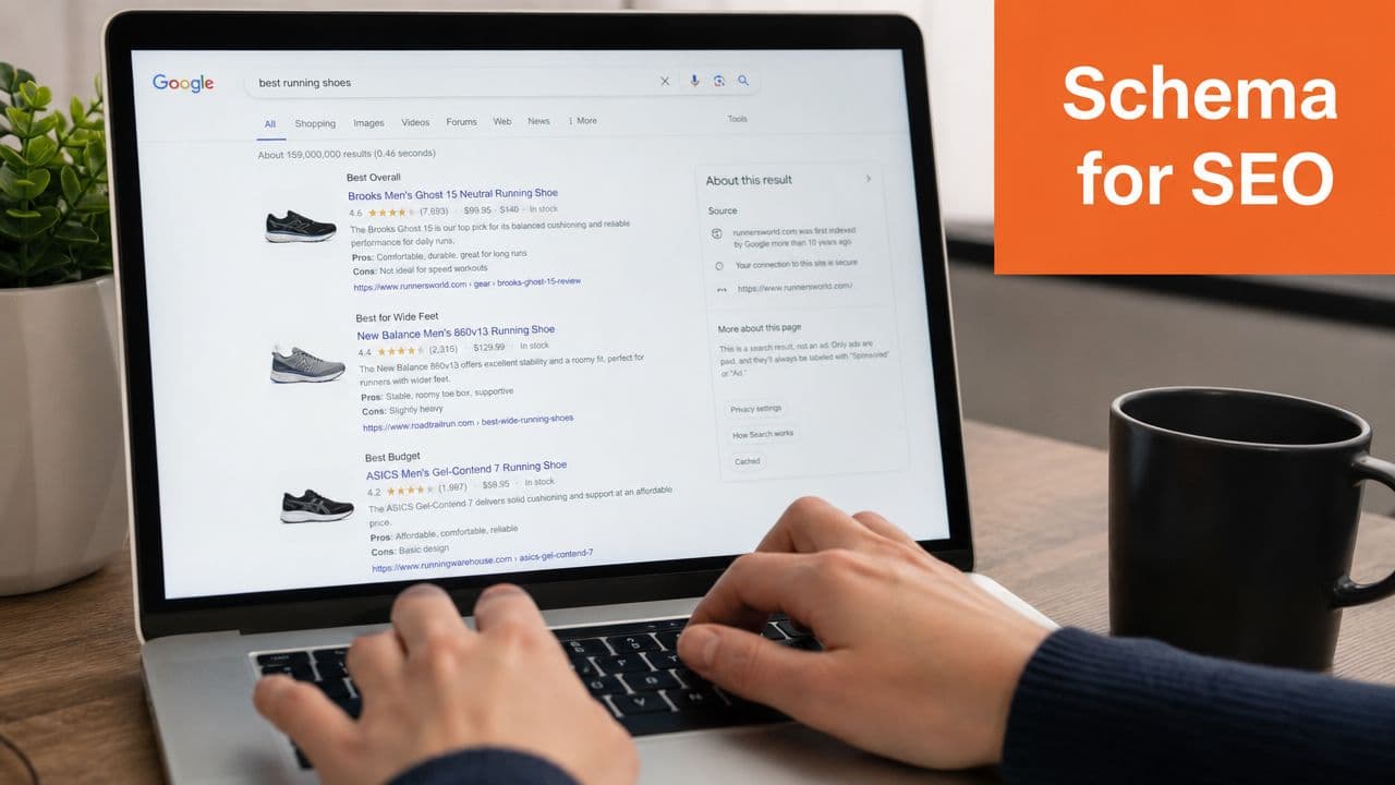 A person using a laptop to search for running shoes on the Google search engine website.