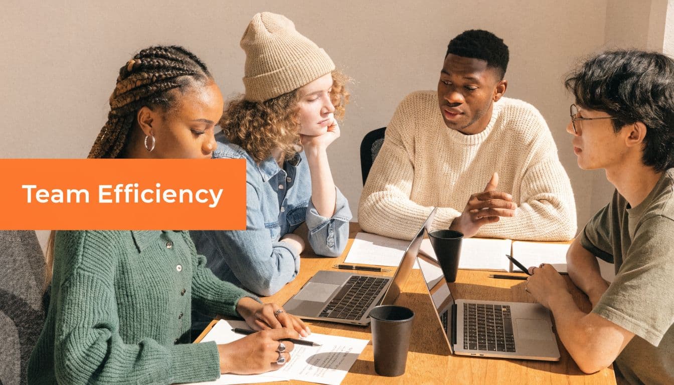 A diverse group of four young professionals collaborating around a wooden table during a team meeting.