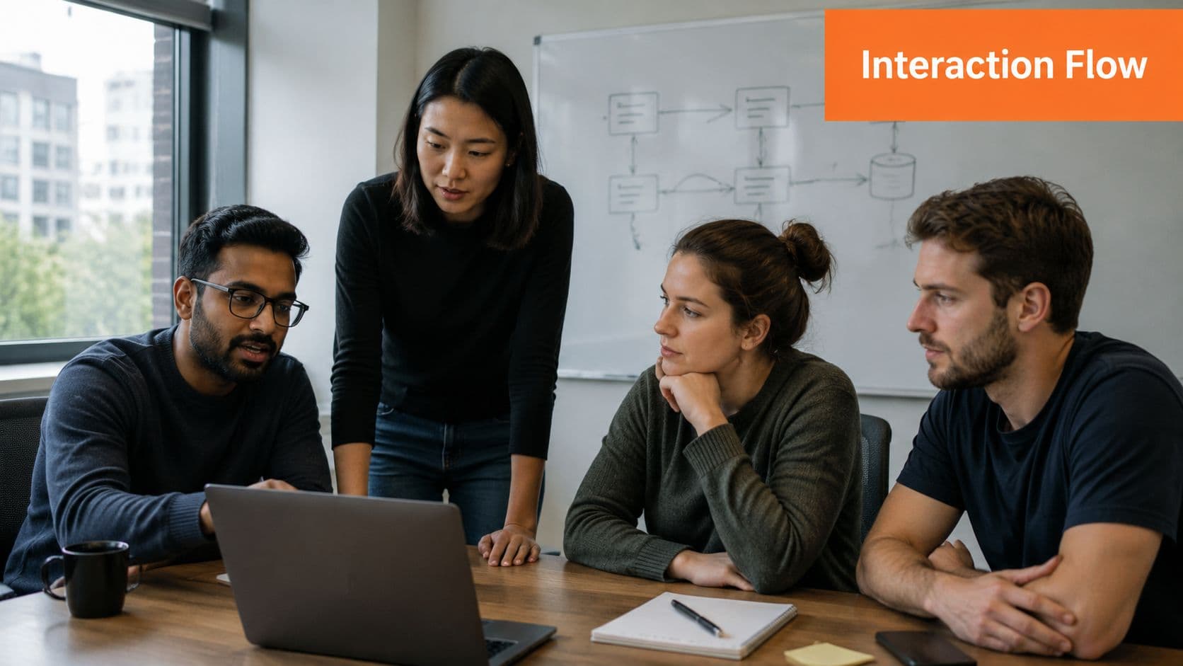 A diverse team of professionals collaborating around a laptop to discuss an interaction flow diagram.