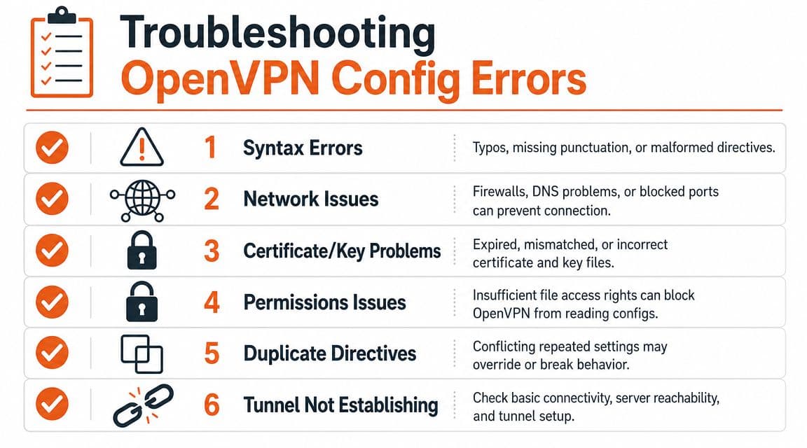 A checklist infographic titled Troubleshooting OpenVPN Config Errors detailing six common issues preventing VPN connection.