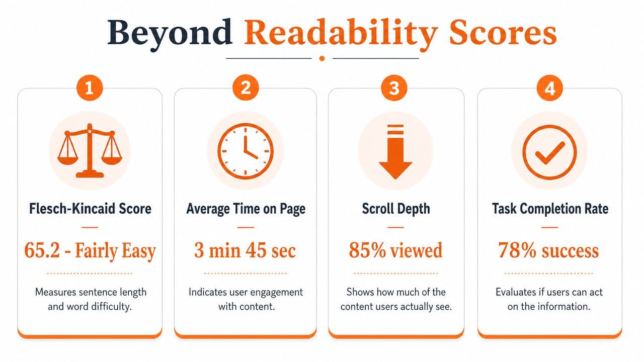 An infographic titled Beyond Readability Scores displaying four metrics for measuring content effectiveness including engagement and task completion.