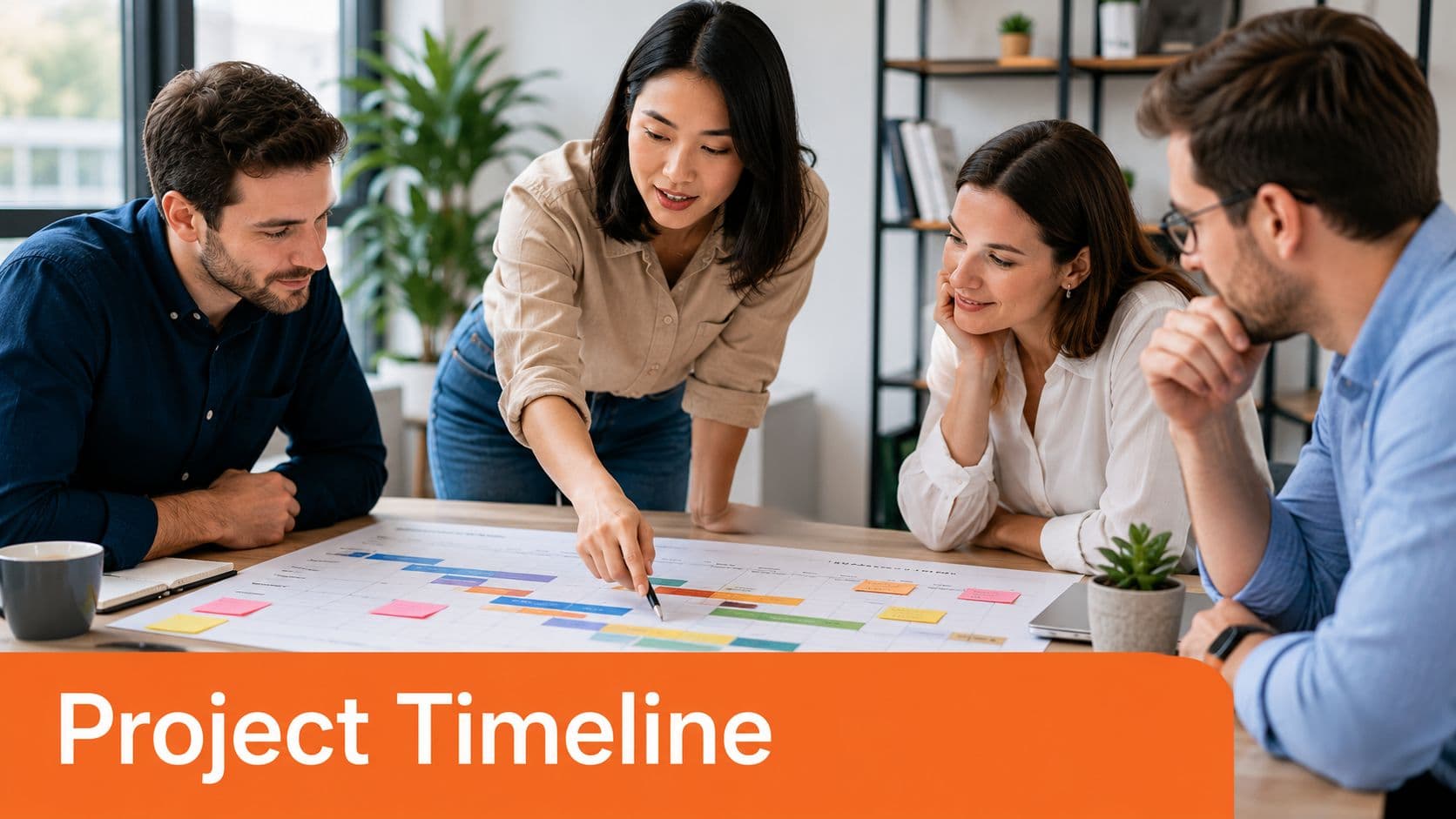A professional team of four people collaborating together on a project timeline document in an office setting.